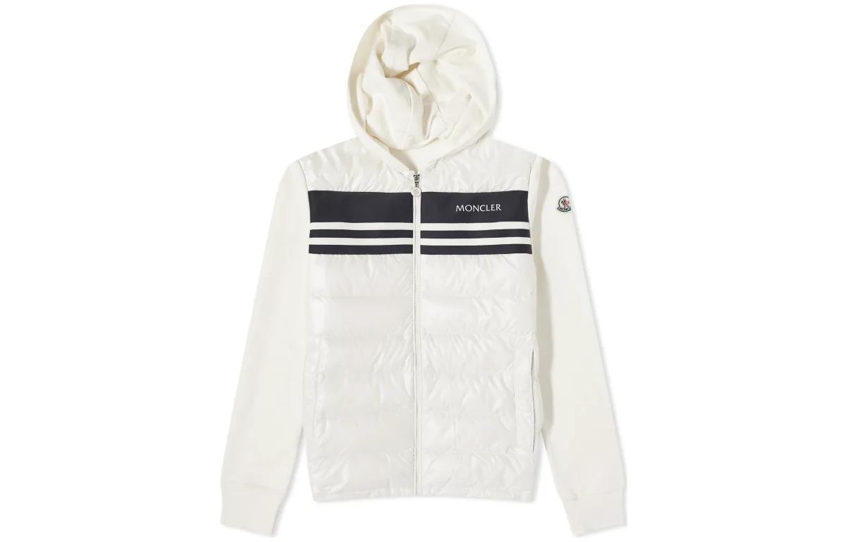 Moncler White Striped Logo Print Zip-Up Down Jacket with Hood 8G00059809KZ032