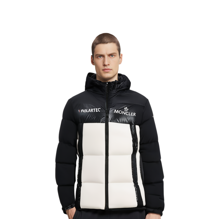 Details for モンクレール メンズ ロゴプリント フード付きダウンジャケット - ブラック/ホワイト。 1A00084899HL 999