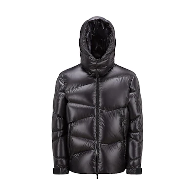 Moncler Yonne Shiny Short Down Jacket Black Mens Hooded Winter Coat. I20911A00042595ZJ999
