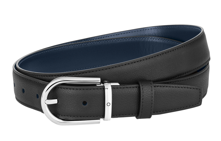 Montblanc  Black/Blue Leather Belt with Polished Palladium Buckle 3cm Wide 128756 圖 2