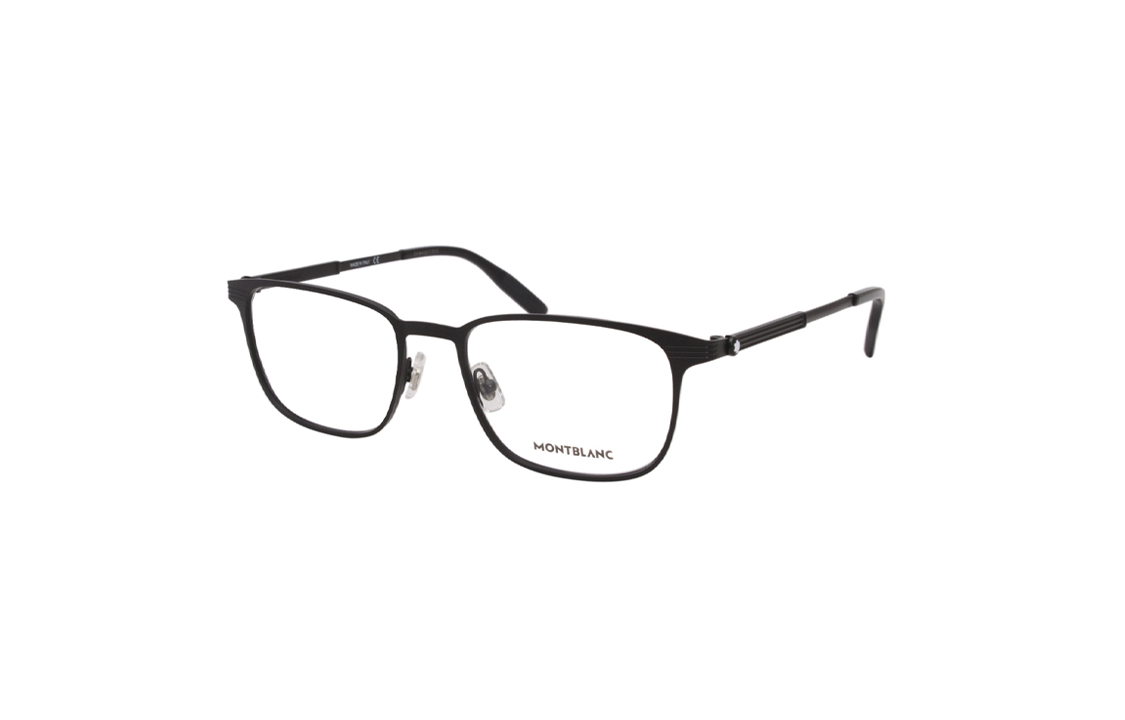 Lookbook 萬寶龍 黑色不規則光學眼鏡，附品牌標誌與金屬細節。 MB0094O001