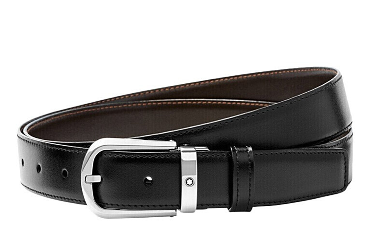 Montblanc  Black Leather Belt with Curved Steel Buckle, Adjustable, 3CM Wide. 114412