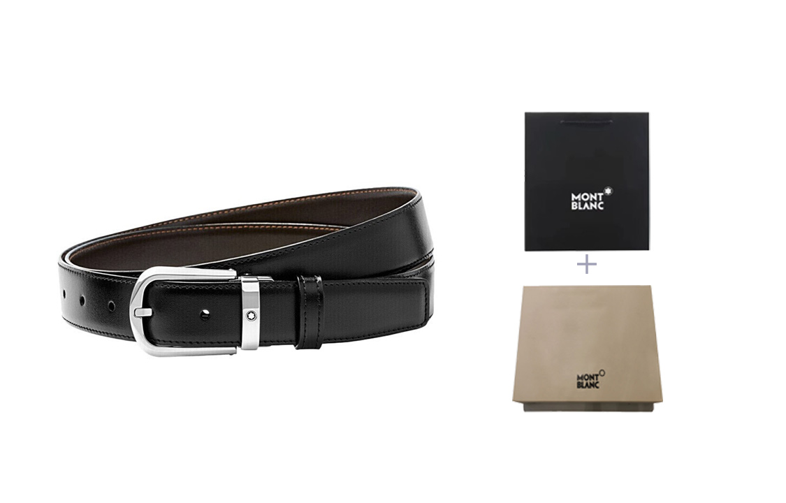 Sizing 萬寶龍 黑色皮帶搭配不鏽鋼彎型扣，長度可調，寬3CM。 114412