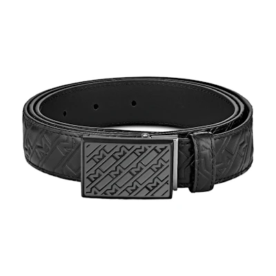 Montblanc Black Leather Belt with Engraved "M" Steel Buckle, 3cm Wide. MB129450
