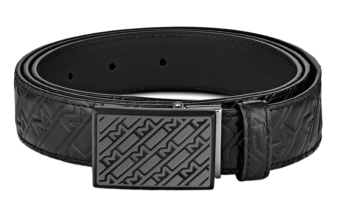 Order Montblanc Tali Pinggang Kulit Hitam dengan Buckle Besi "M" Ukir, Lebar 3cm. MB129450
