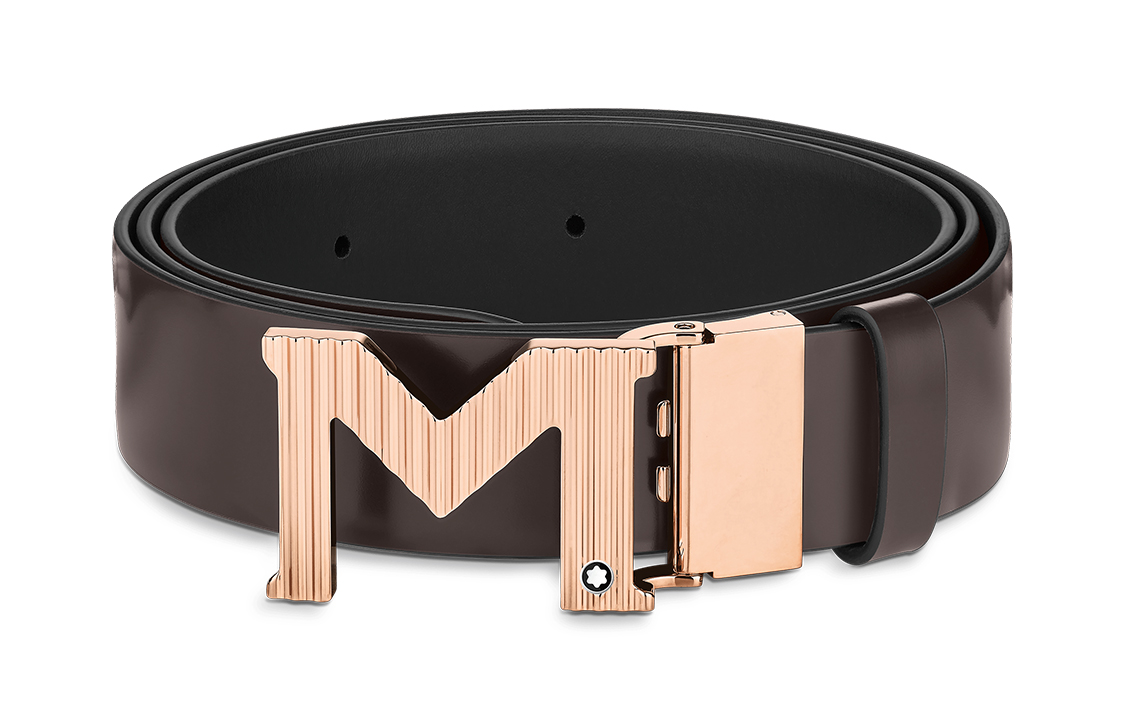 Montblanc  Black Leather Belt with M-Shape Smooth Buckle - 3.5cm Wide MB129448