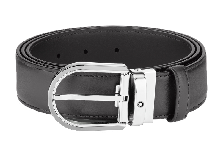 Montblanc  Black Leather Belt with Palladium Buckle - 3.5cm Wide. MB129437