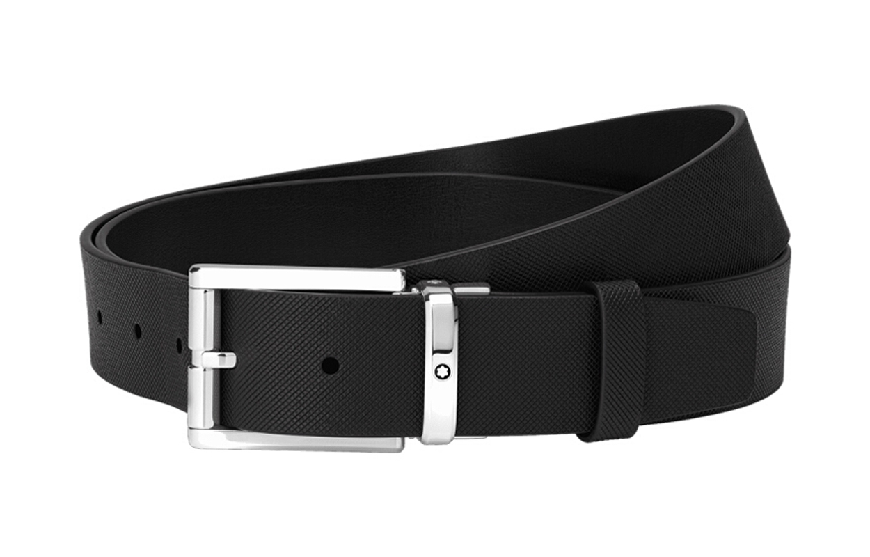 Montblanc  Black Leather Belt with Shiny Palladium Pin Buckle 3.5cm Wide 126028