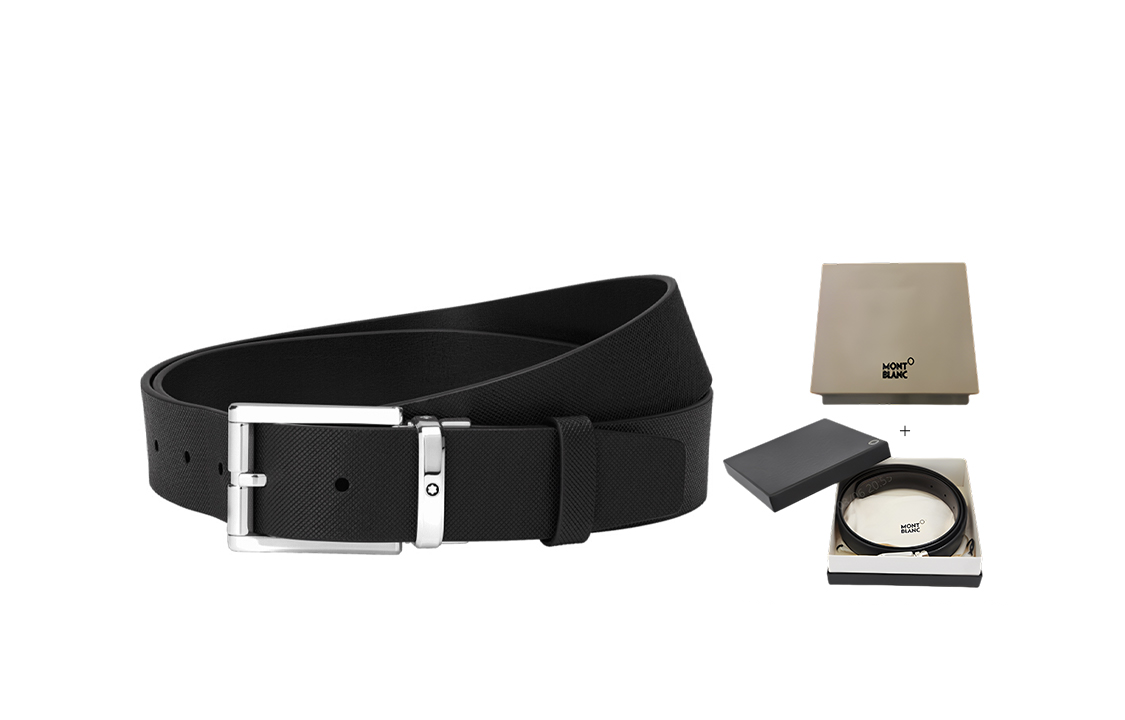 Montblanc  Black Leather Belt with Shiny Palladium Pin Buckle 3.5cm Wide 126028 圖 4