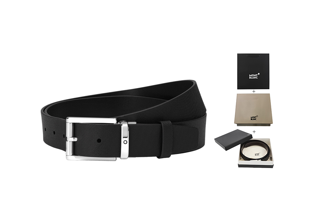 Montblanc  Black Leather Belt with Shiny Palladium Pin Buckle 3.5cm Wide 126028 圖 5