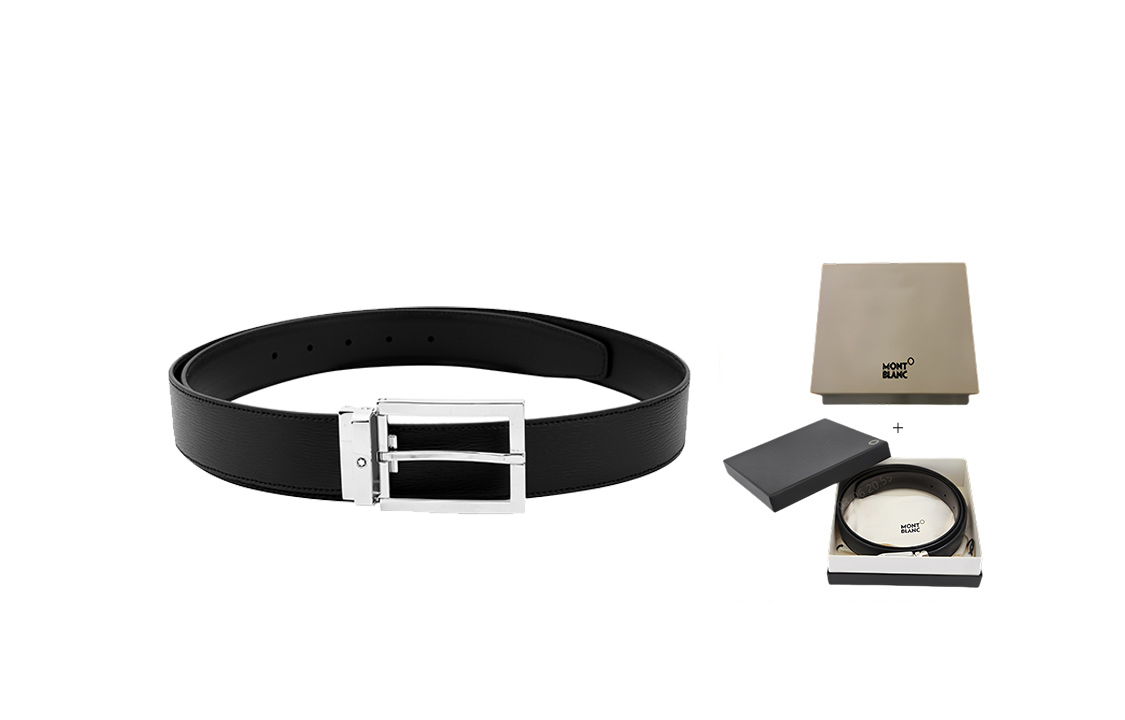 Sizing 萬寶龍 黑色皮帶搭配鋼製針扣，寬度3.5公分。 114435