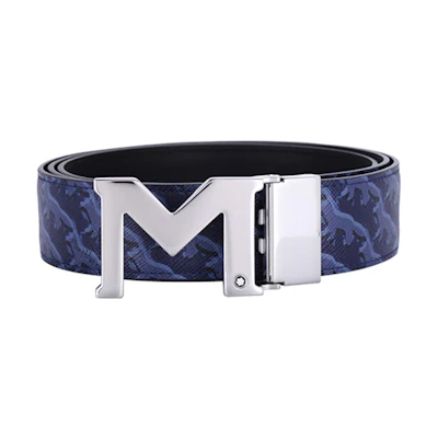 Montblanc Blue Leather Belt with Printed Design, Smooth Buckle, 3.5cm Wide MB129065