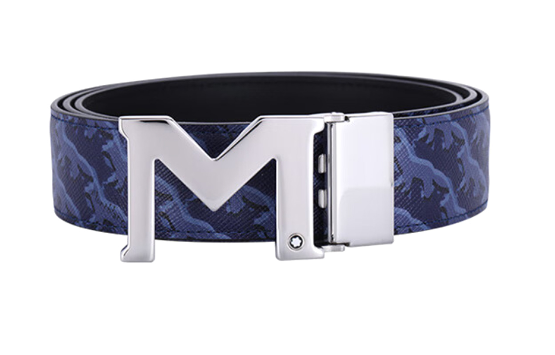 Order Cinturón de Cuero Azul Montblanc con Diseño, Hebilla Lisa, 3.5cm Ancho MB129065