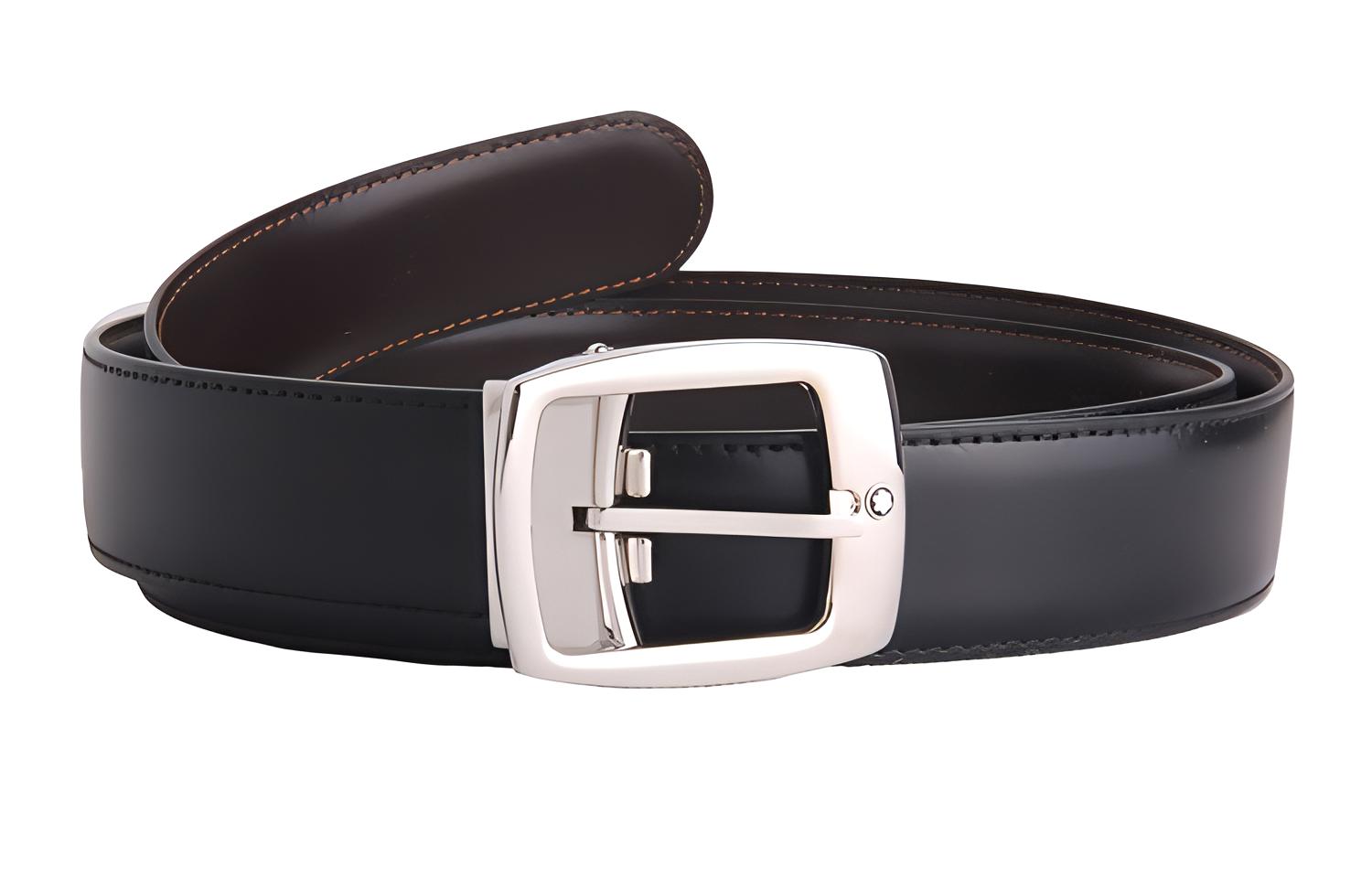 Montblanc  Silver Pin Buckle Black Leather Belt, 3cm Wide. 9695
