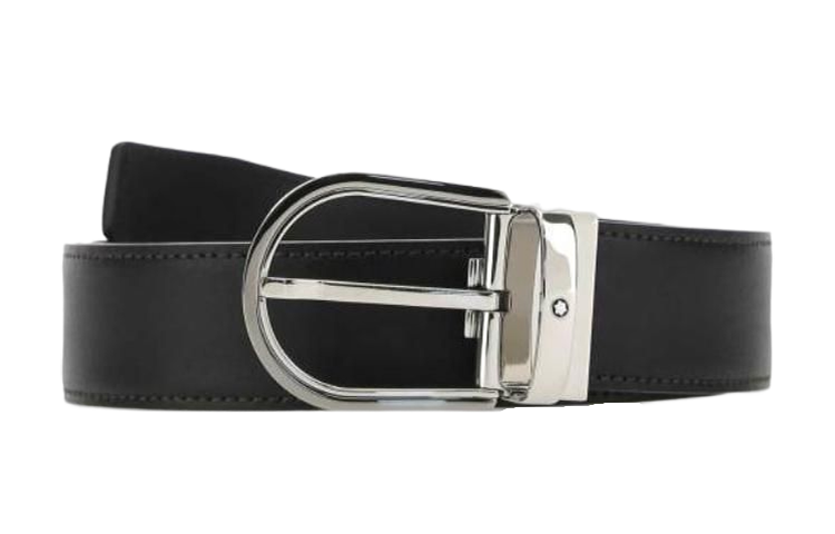 Montblanc Black Leather Belt with Metal Buckle Unisex Couple Style 129437PALLADIO