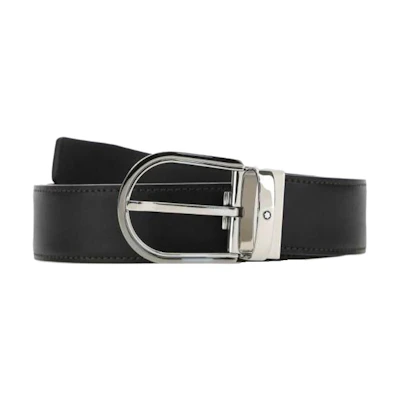Montblanc Black Leather Belt with Metal Buckle Unisex Couple Style 129437PALLADIO