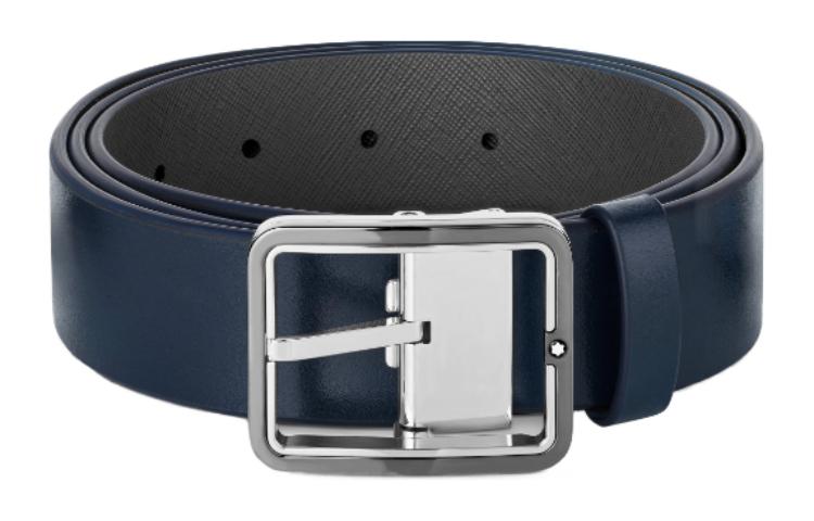 Montblanc Blue Leather Belt with Letter Logo Pin Buckle for Men, 3.5cm Width. 131193