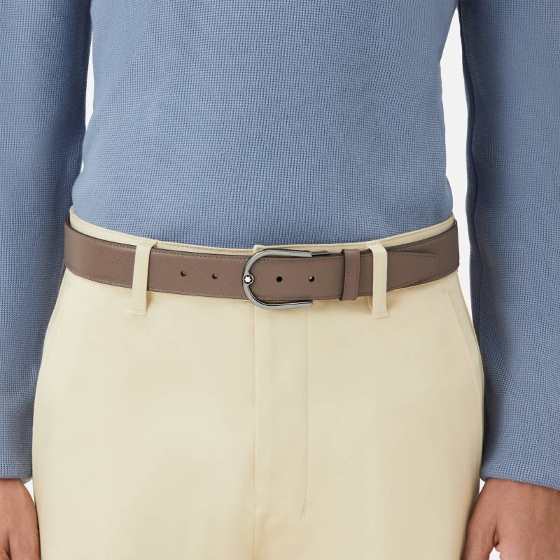 Lookbook 萬寶龍棕色Saffiano壓紋皮革馬蹄扣皮帶3.5CM寬。 MB198638