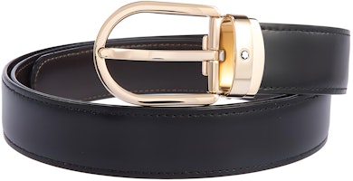 Montblanc Gold-Plated Horseshoe Leather Belt for Men Black 3cm 111714 Montblanc Gold-Plated Horseshoe Leather Belt for Men Black 3cm 111714