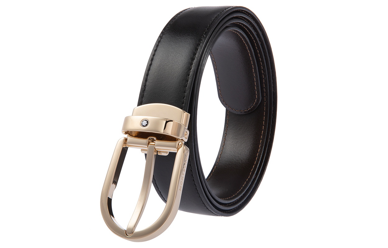 Lookbook 萬寶龍金色鍍金馬蹄皮帶 男士黑色 3公分 111714