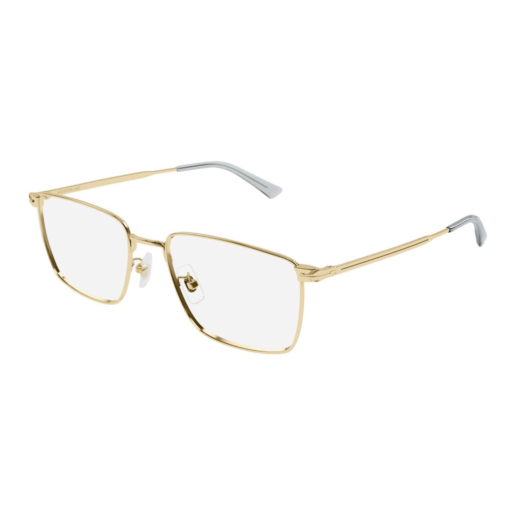 Montblanc Gold Rectangular Optical Glasses with Lettered Temple Design for Men. MB0308O00456