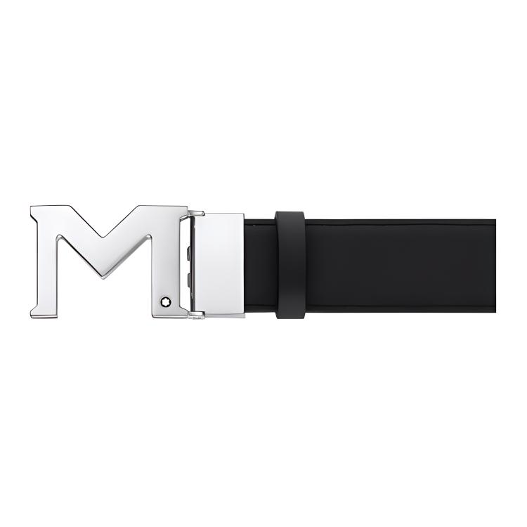 MONTBLANC Palladium Buckle Leather Belt Black 3.5cm Width 127697
