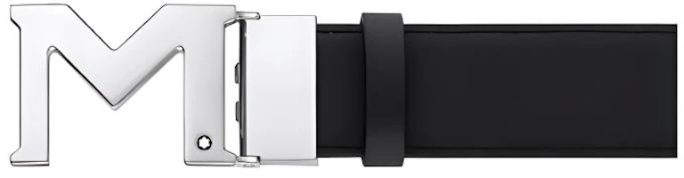 MONTBLANC Palladium Buckle Leather Belt Black 3.5cm Width 127697 MONTBLANC Palladium Buckle Leather Belt Black 3.5cm Width 127697