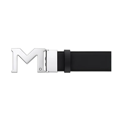 MONTBLANC Palladium Buckle Leather Belt Black 3.5cm Width 127697