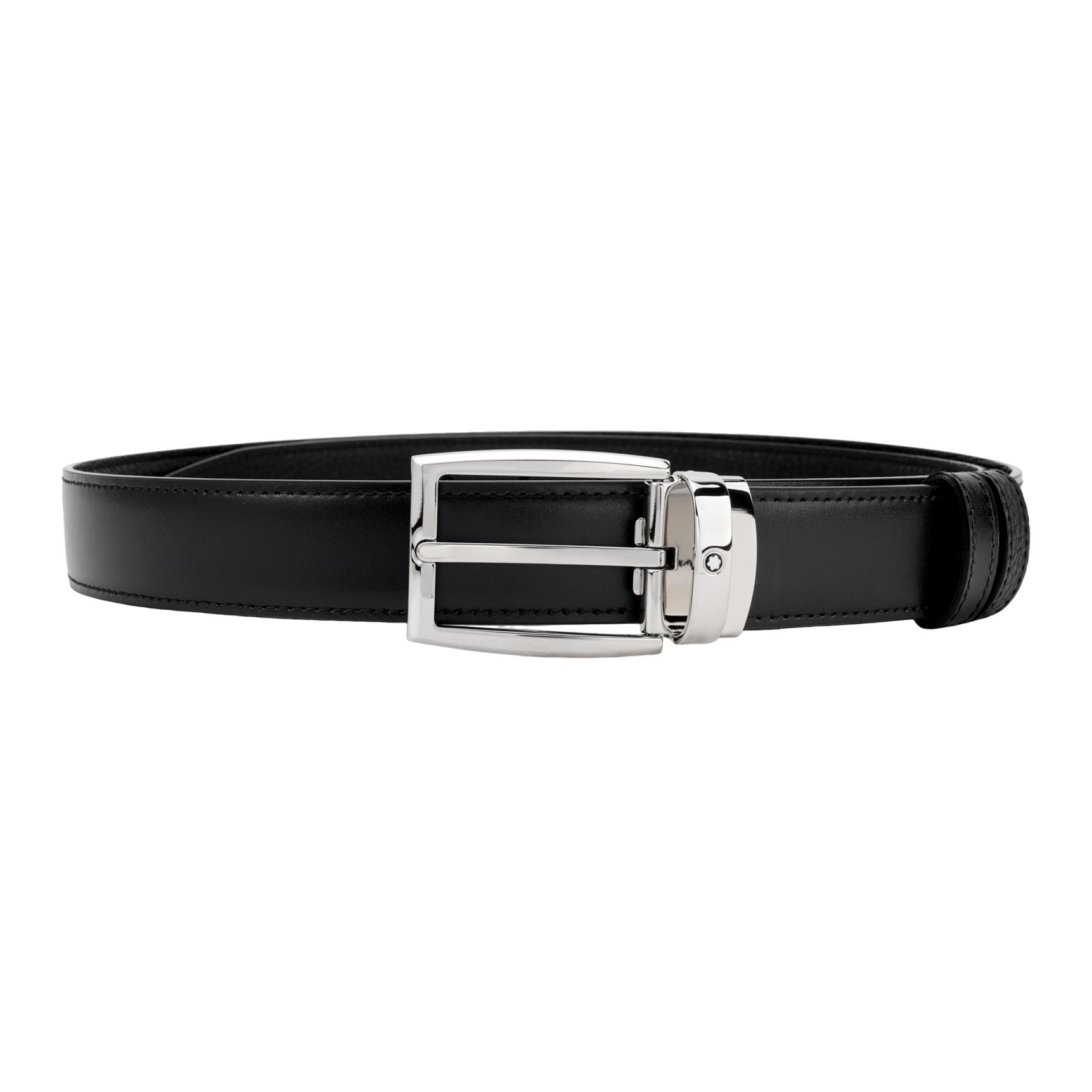 Montblanc Rectangular Shiny Adjustable Grain Leather Belt Black/Blue 3cm Unisex. 123899