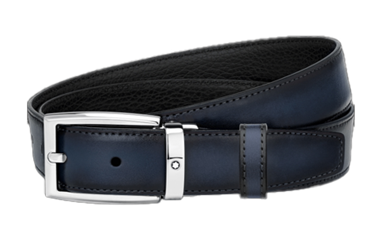Montblanc Rectangular Shiny Adjustable Grain Leather Belt Black/Blue 3cm Unisex. 123899 圖 2