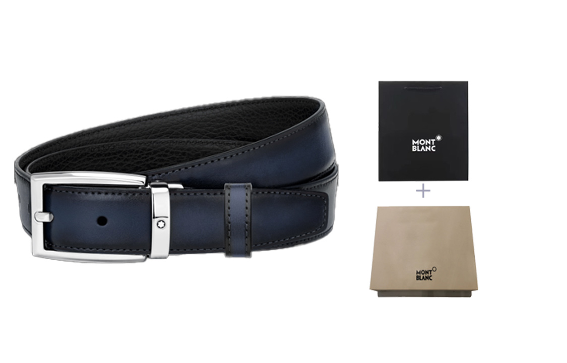 Montblanc Rectangular Shiny Adjustable Grain Leather Belt Black/Blue 3cm Unisex. 123899 圖 3