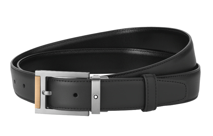 Montblanc Rectangular Steel Matte Black Brown Leather Belt, 3cm Width, Men’s. 126017