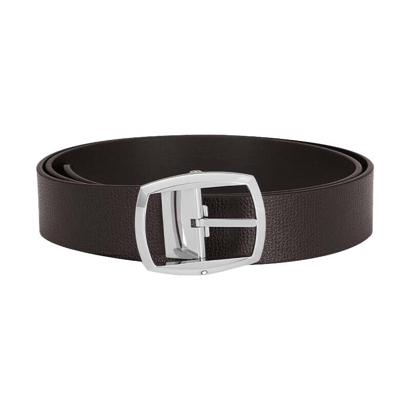 Montblanc Silver Buckle Brown Leather Belt Unisex 3.5cm Casual Business Style 125140