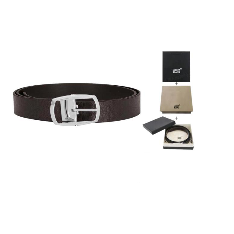 Montblanc Silver Buckle Brown Leather Belt Unisex 3.5cm Casual Business Style 125140 圖 3