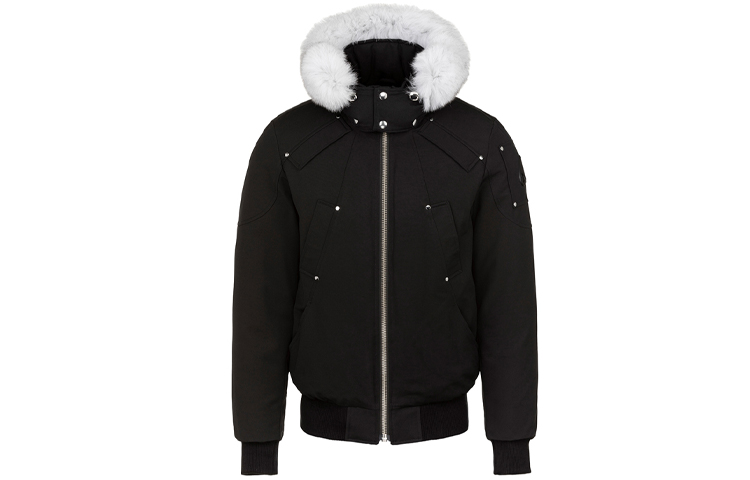 Moose Knuckles Ballistic Black Bomber Jacket with Fur Trim Unisex Hooded Down Coat. MK2000MB-290