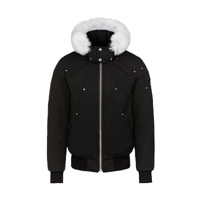 Moose Knuckles Ballistic Black Bomber Jacket with Fur Trim Unisex Hooded Down Coat. MK2000MB-290