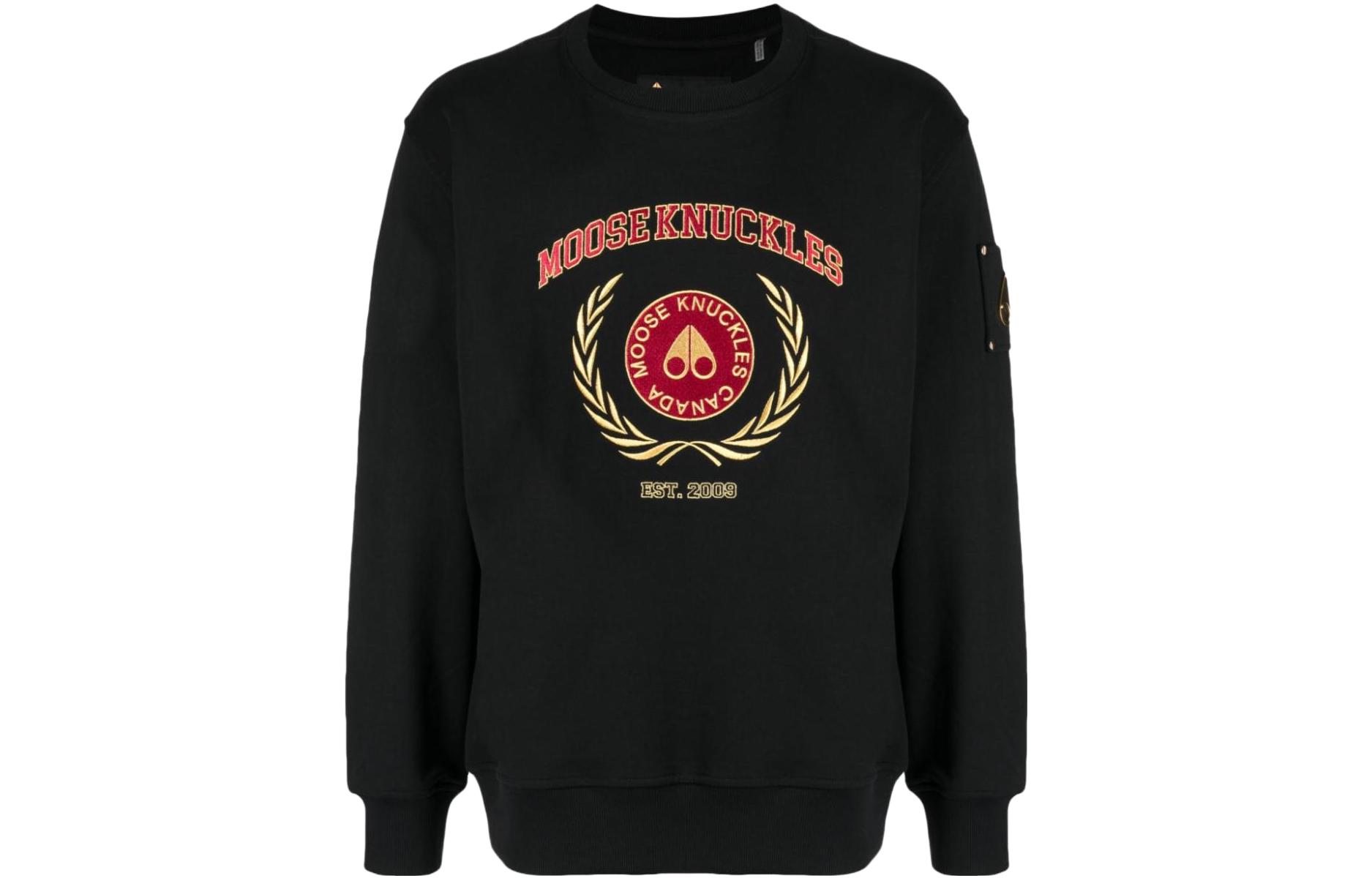 Moose Knuckles Black Crewneck Sweatshirt with Embroidered Logo Design 21309450
