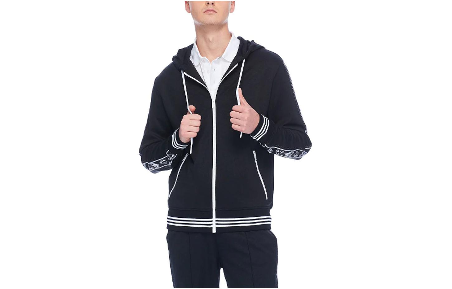 Moose Knuckles Black Striped Zip-Up Hoodie Jacket with Drawstring M19MB036-292