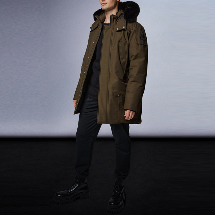 Shop 무스너클 FW19 스털링 아미그린 파카 유니섹스 다운 자켓 퍼 트림. MK4661MP-775