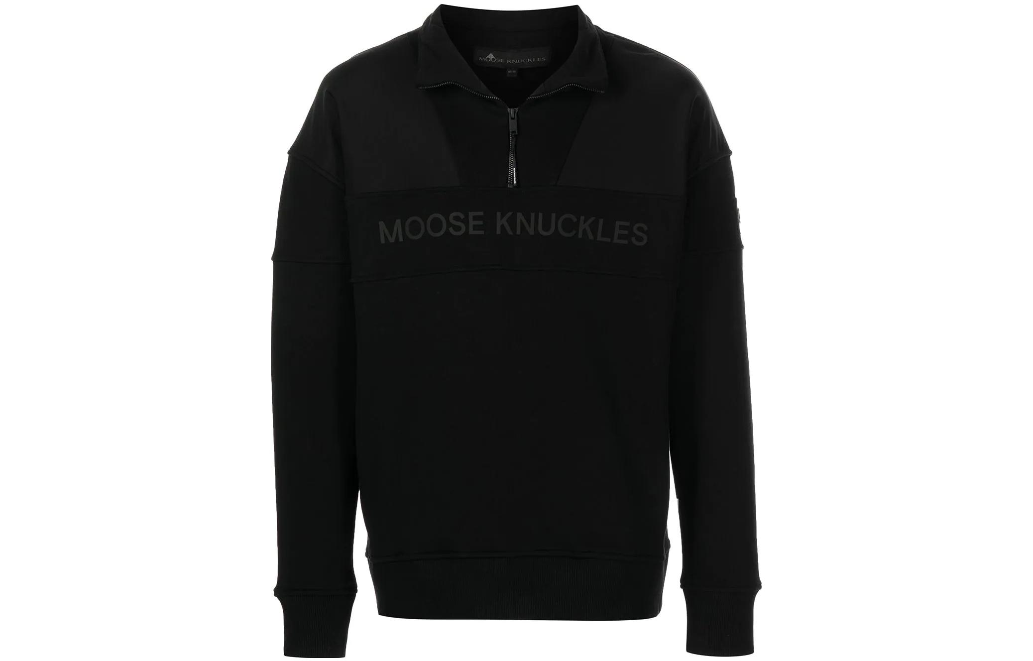 Moose Knuckles FW22 Black Half-Zip Pullover Logo Sweatshirt Jacket M12MS626-292