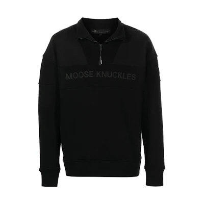 Moose Knuckles FW22 Black Half-Zip Pullover Logo Sweatshirt Jacket M12MS626-292