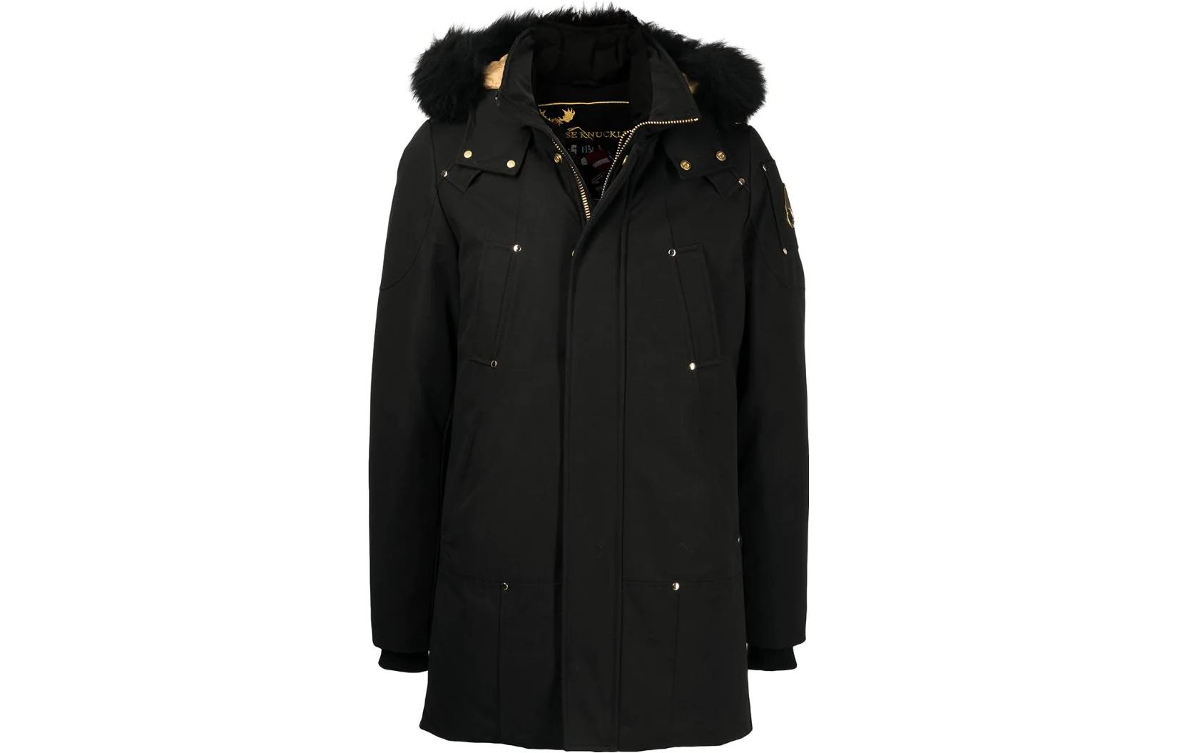 Order Moose Knuckles FW22 Jaket Puffer Logo Hitam dengan Tudung Lepas Pasang. M39MP261G305