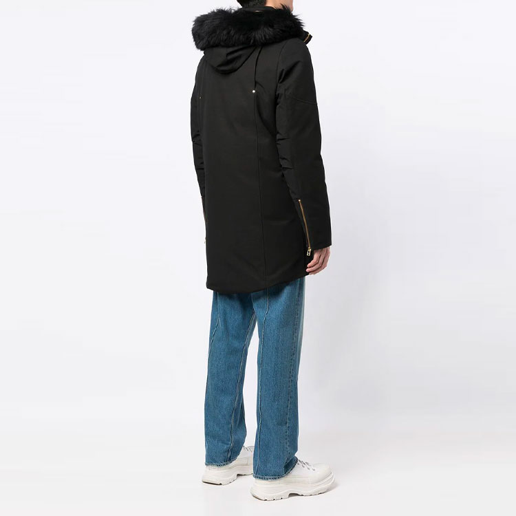 Shop Moose Knuckles FW22 Jaket Puffer Logo Hitam dengan Tudung Lepas Pasang. M39MP261G305