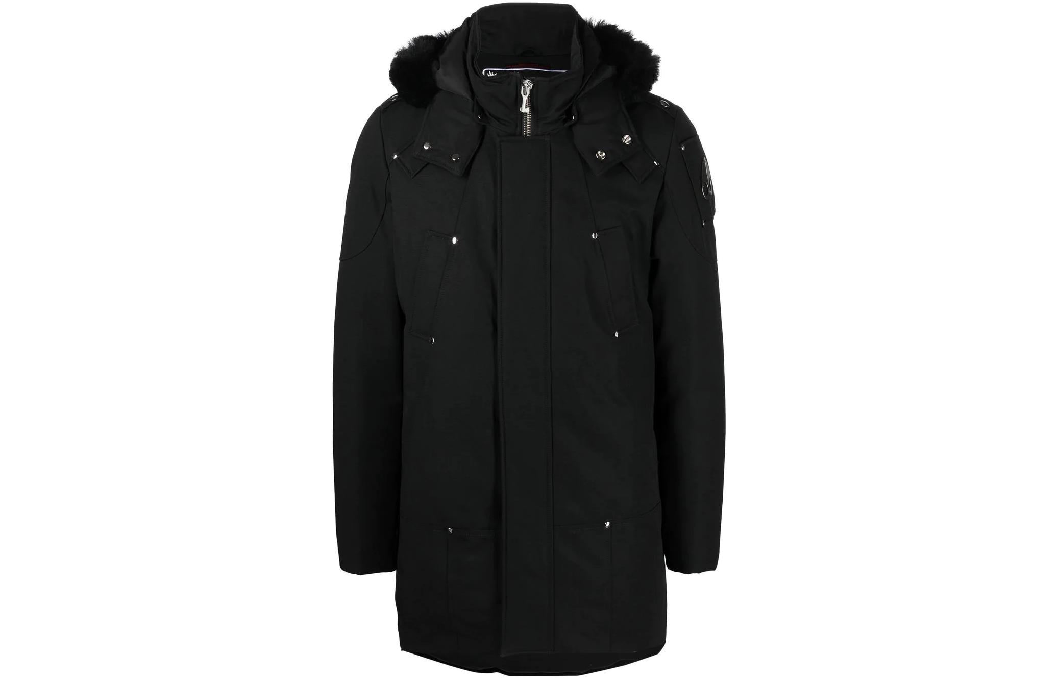 Order 무스너클 FW22 유니섹스 블랙 퍼 트림 로고 후드 파카 자켓. M32MP261S305