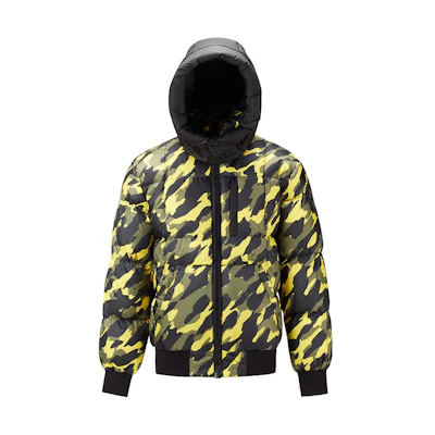 Moose Knuckles FW22 Yellow Camo Hooded Puffer Jacket Unisex M32MJ176H