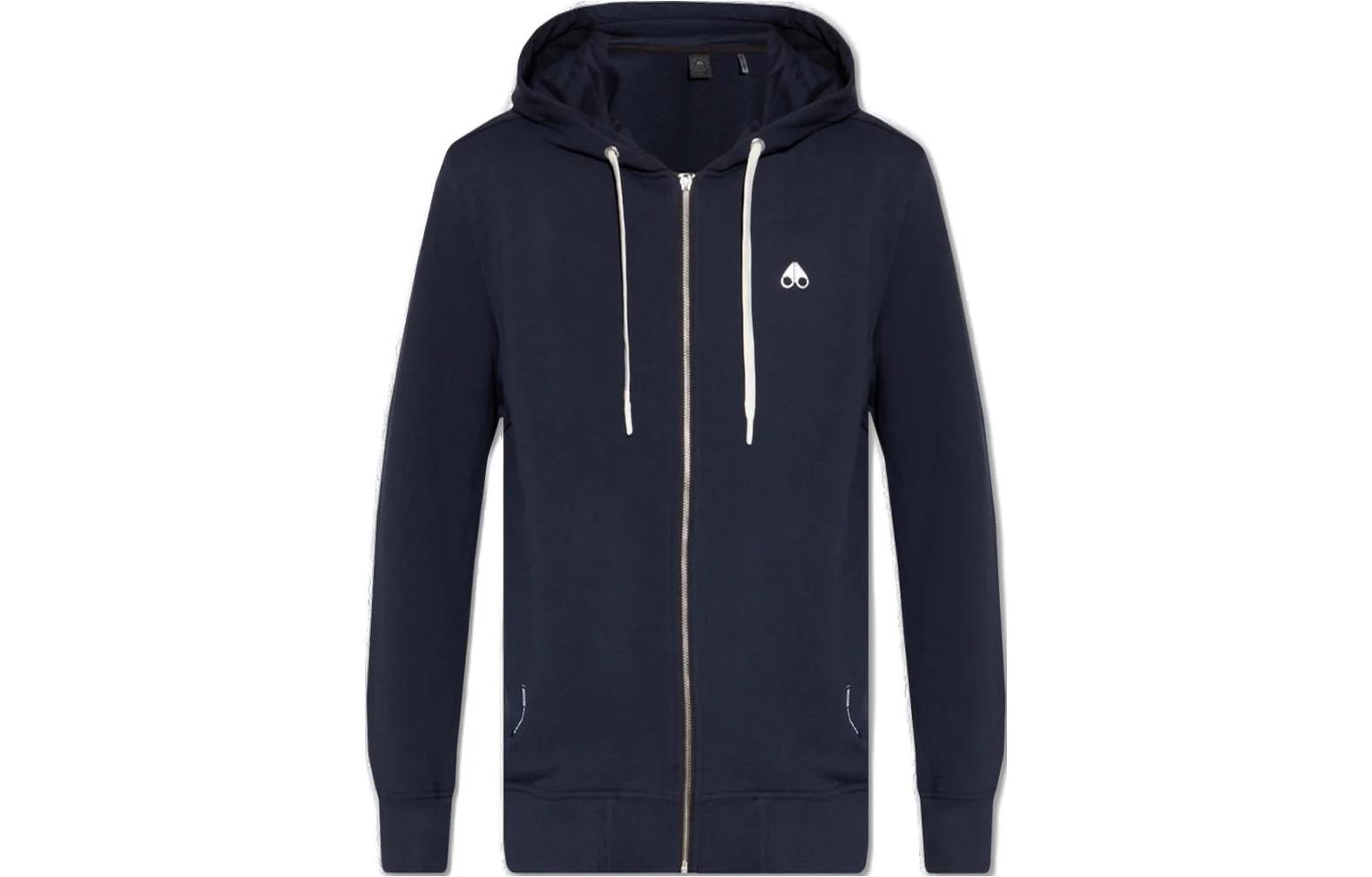 Moose Knuckles FW23 Navy Blue Solid Logo Print Zip-Up Hoodie M13MS6090-833