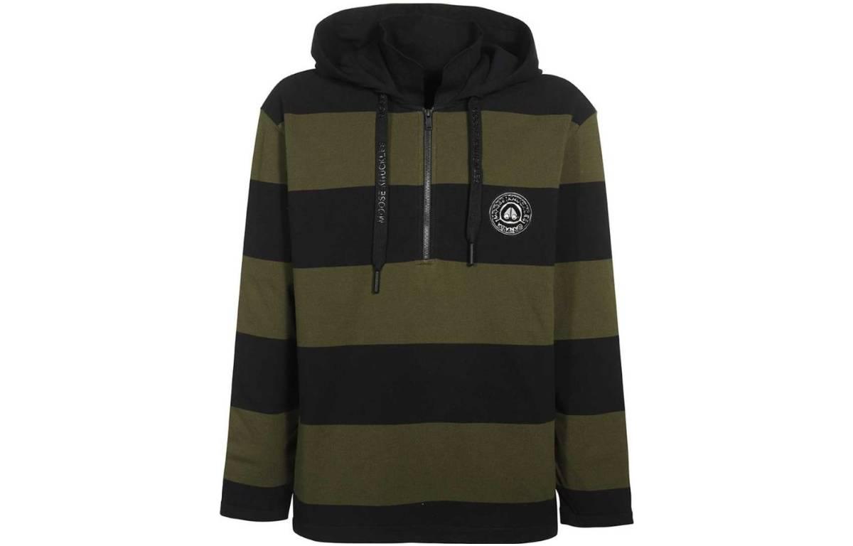 Moose Knuckles SS23 Striped Logo Half-Zip Hoodie Black Long Sleeve M32MT723-963