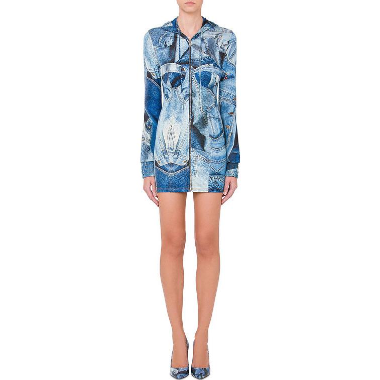 Lookbook 모스키노 3D 이펙트 블루 캐주얼 후드 롱슬리브 드레스. AEF232K1J04158244