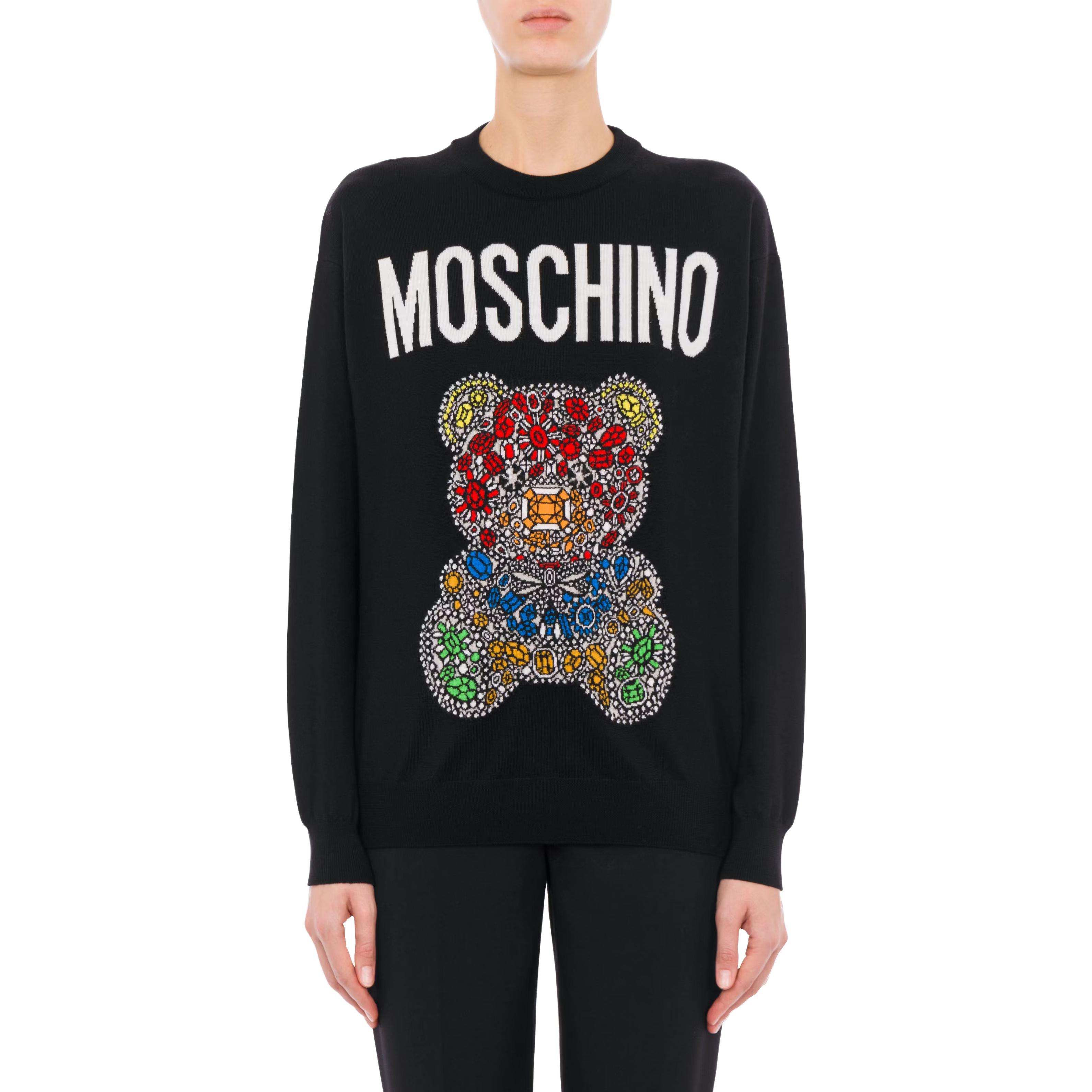 Lookbook モスキーノ ブラック クルーネック セーター レターアニマル柄デザイン A0928-5401-2555
