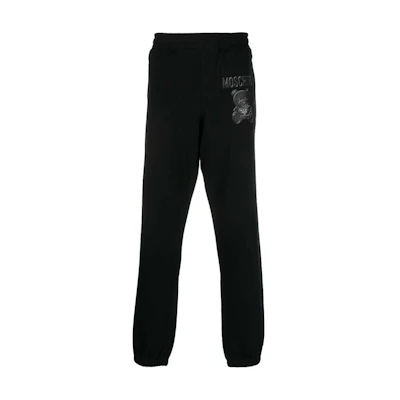MOSCHINO Black Logo Print Tapered Knit Jogger Sweatpants. V03657028-BLACK